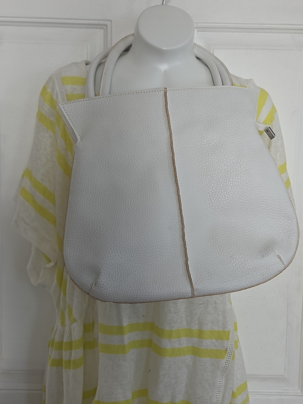 White Pebbled Leather Shoulder Bag - Women’s Minimalist Everyday Tote (S8)